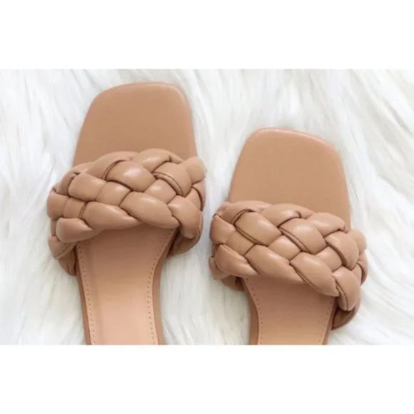 NEW Camel Tan Puffy Braided Faux Leather Square Toe Slip Slide On Flat Sandals - Picture 10 of 11